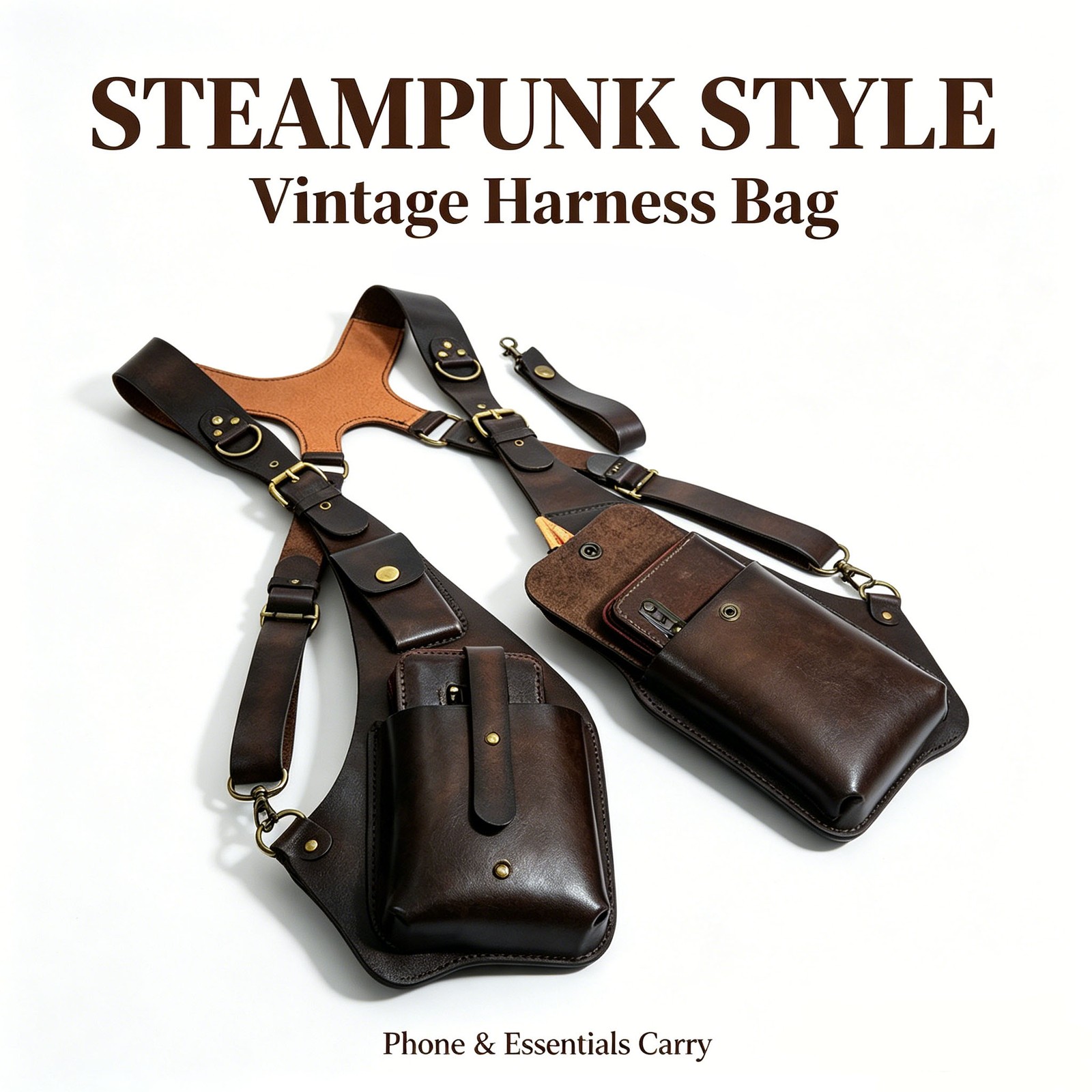 Steampunk Shoulder Harness Bag PU Leather Underarm Holster Phone Pouch Black