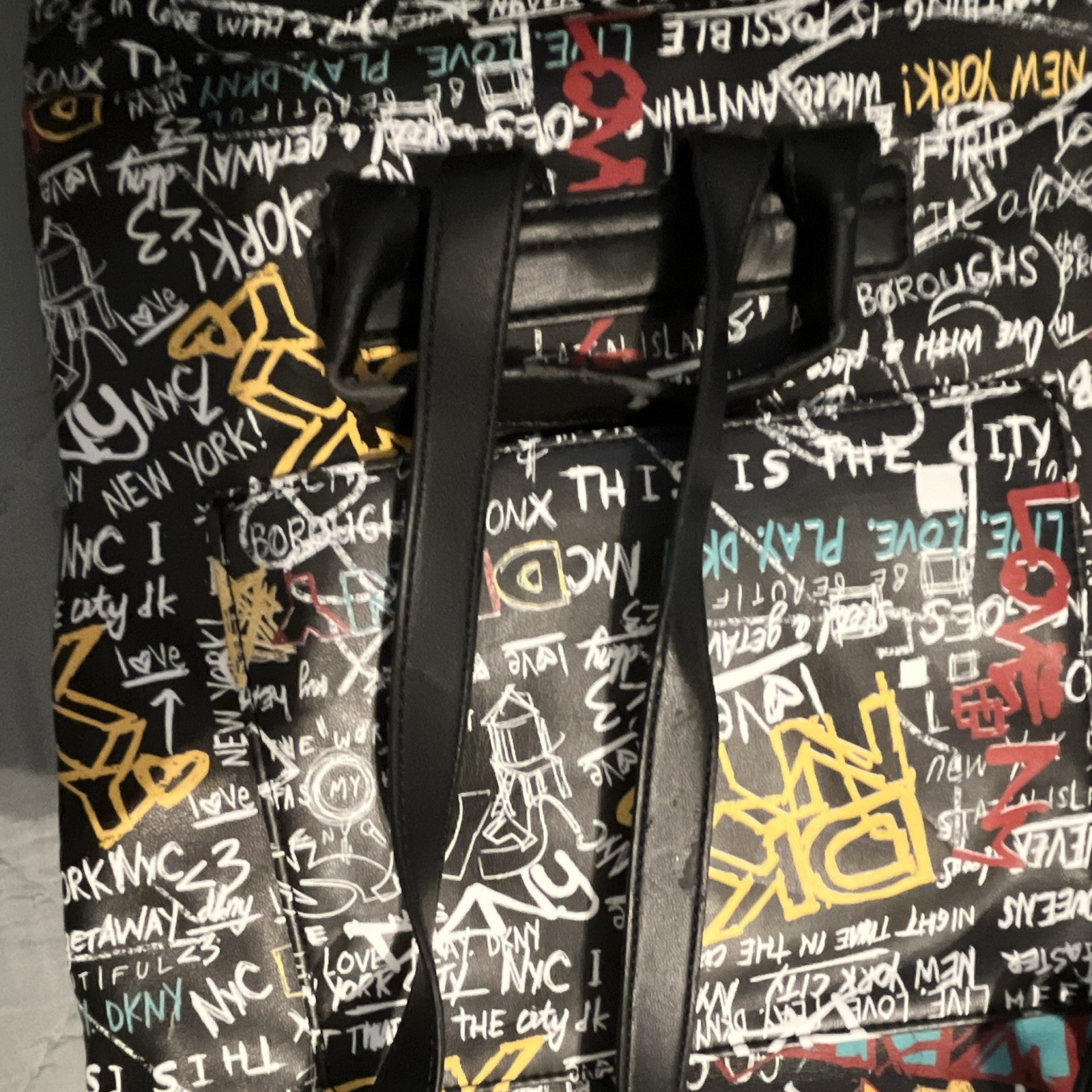 DKNY Graffiti Print Backpack Black/Multicolor Zip Adjustable Straps Pockets