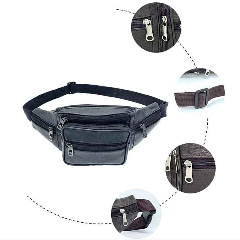Fanny Pack Waist Bag Men Women PU Leather Multi Zippered Hip Belt Travel Purse