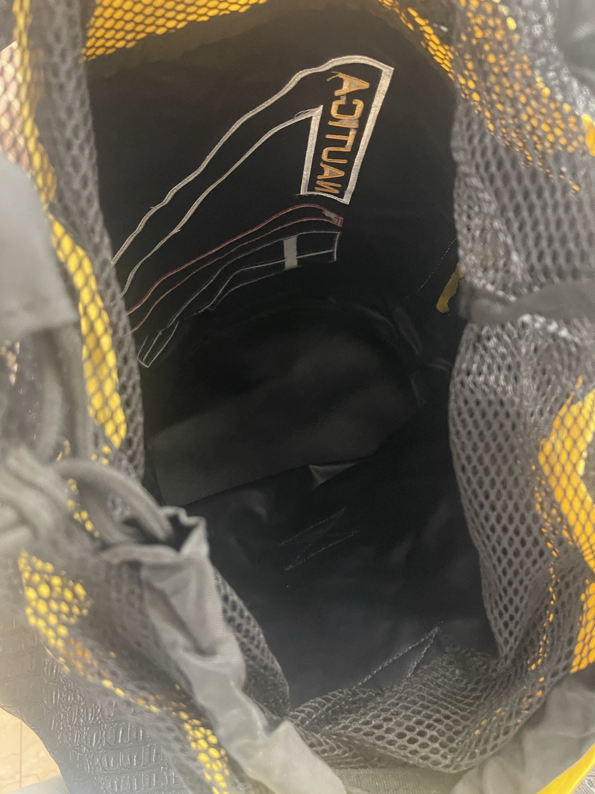 Nautica Black and Yellow Drawstring Bag with Zip on Side