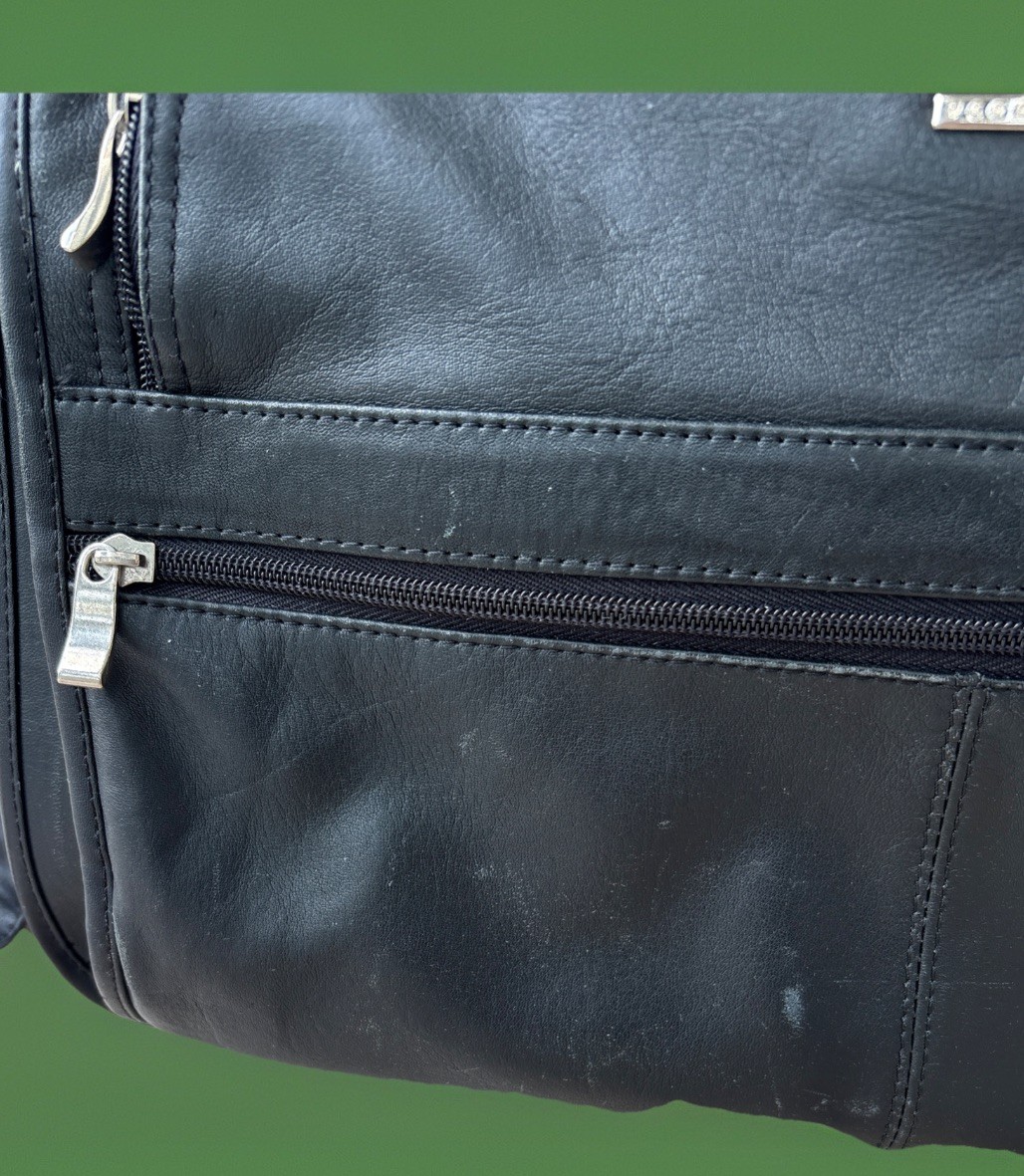 Perry Ellis Black Leather Expandable Briefcase Laptop Bag 16x12x6 Inches