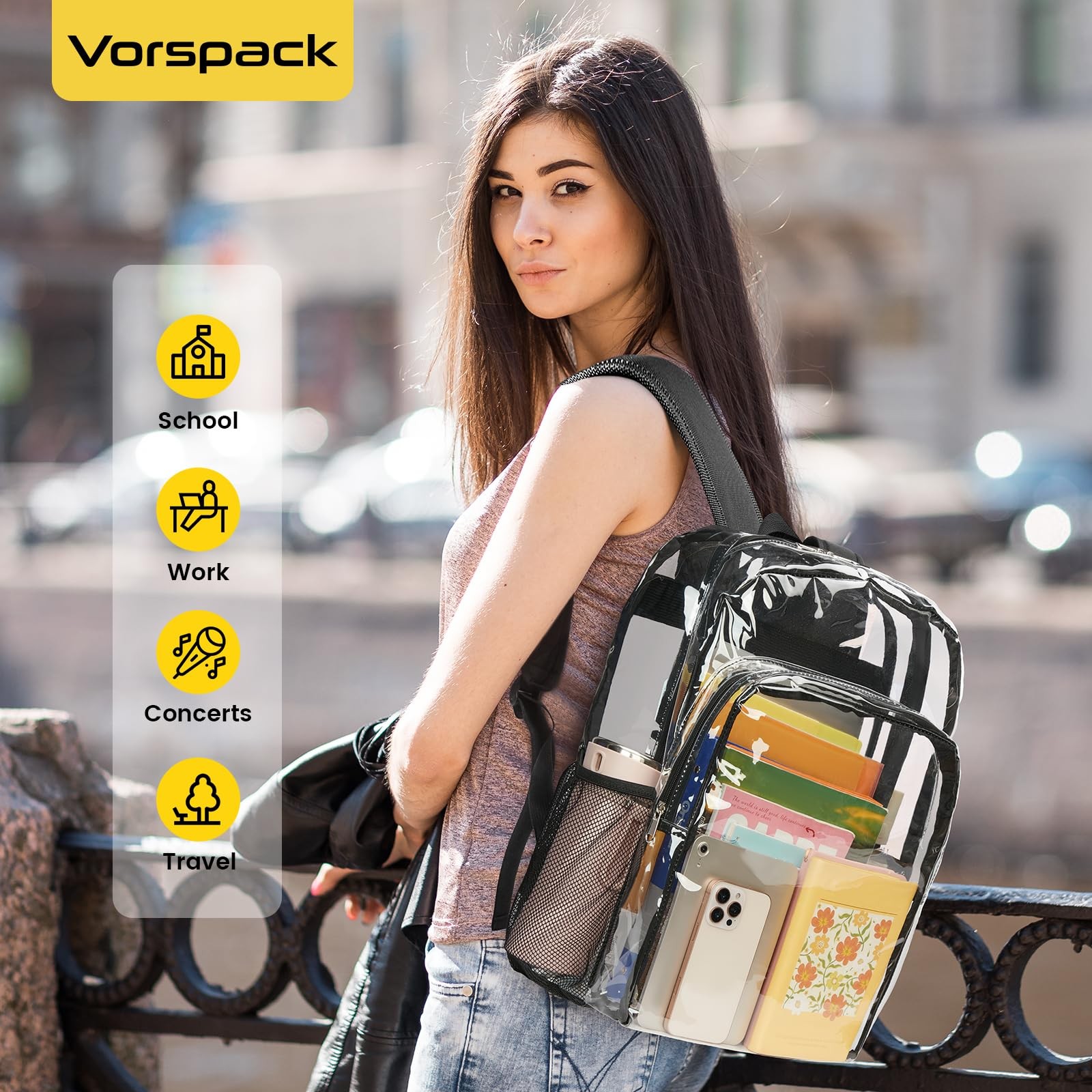 Clear Backpack for School, 16 inch Large Clear Bookbag, Black