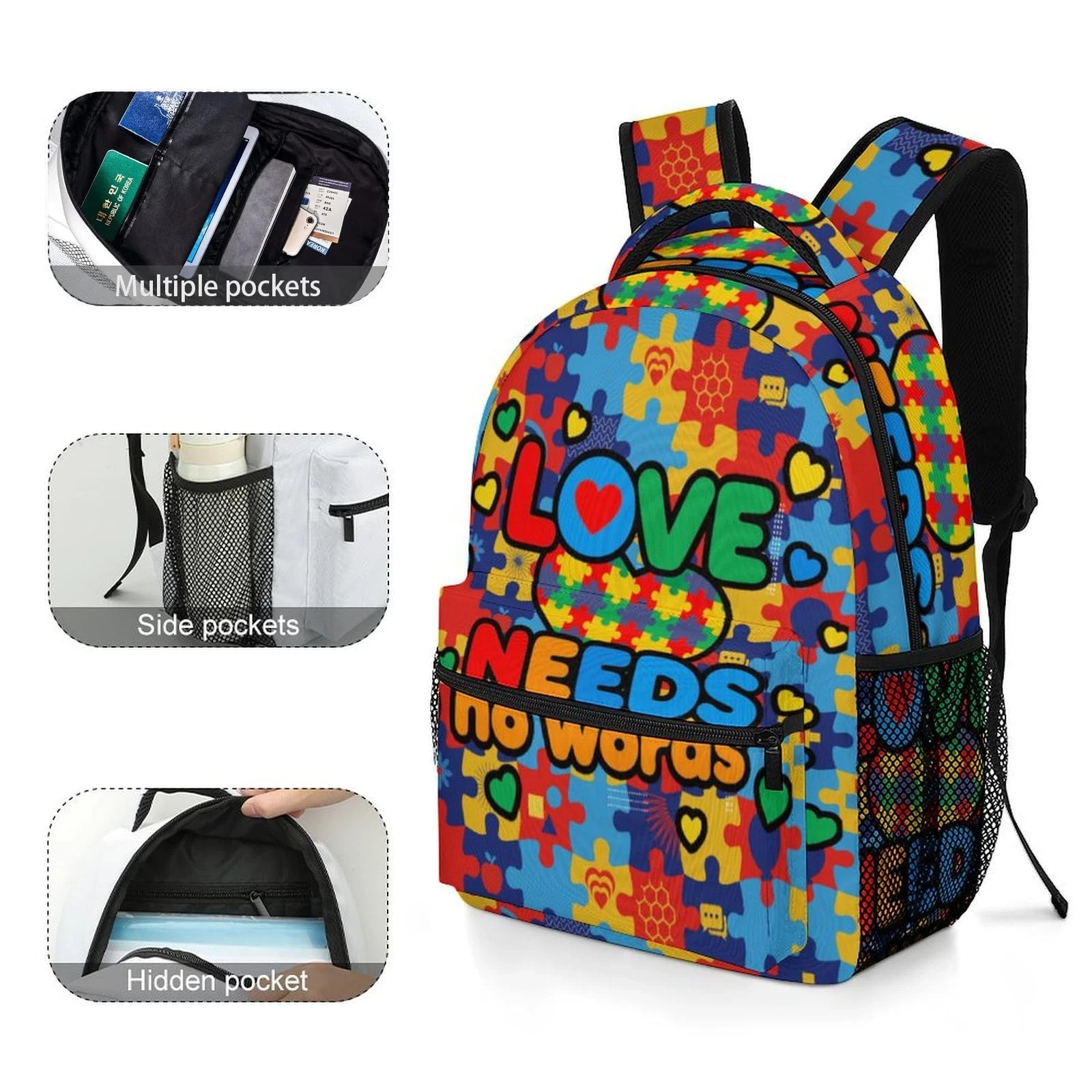 Autism Awareness Lightweight Travel Backpack With Zipped Front Pocket Printed…