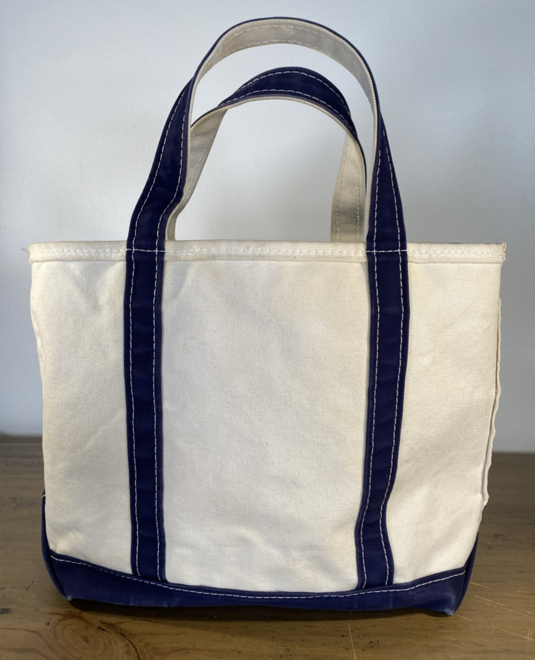 LL Bean Boat And Tote Classic Canvas Blue Handles Bottom 16x12X5 Zip USA OYL58