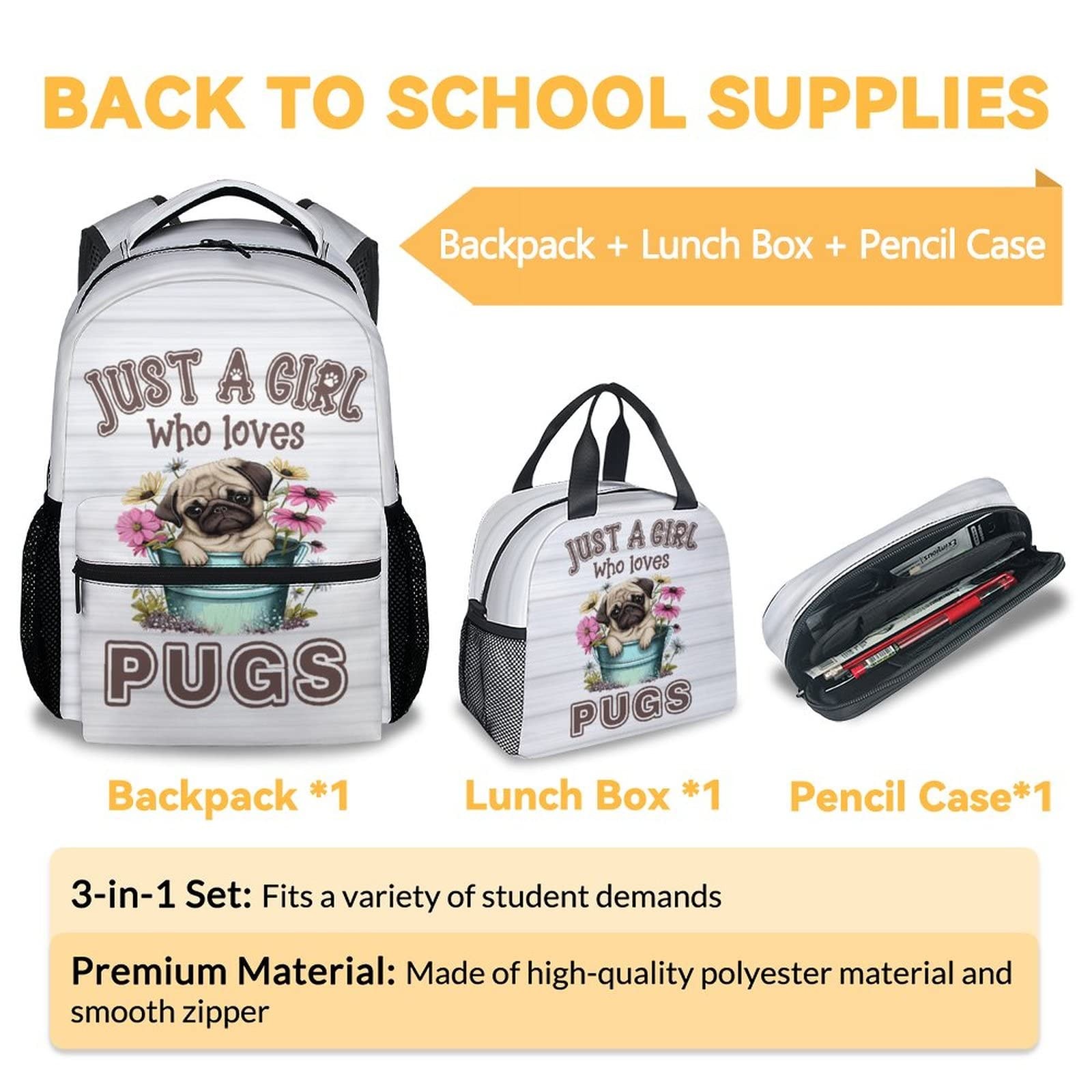 Pug Backpack 16 Inch with Lunch Box & Pencil Case – Durable School Bag for Kids