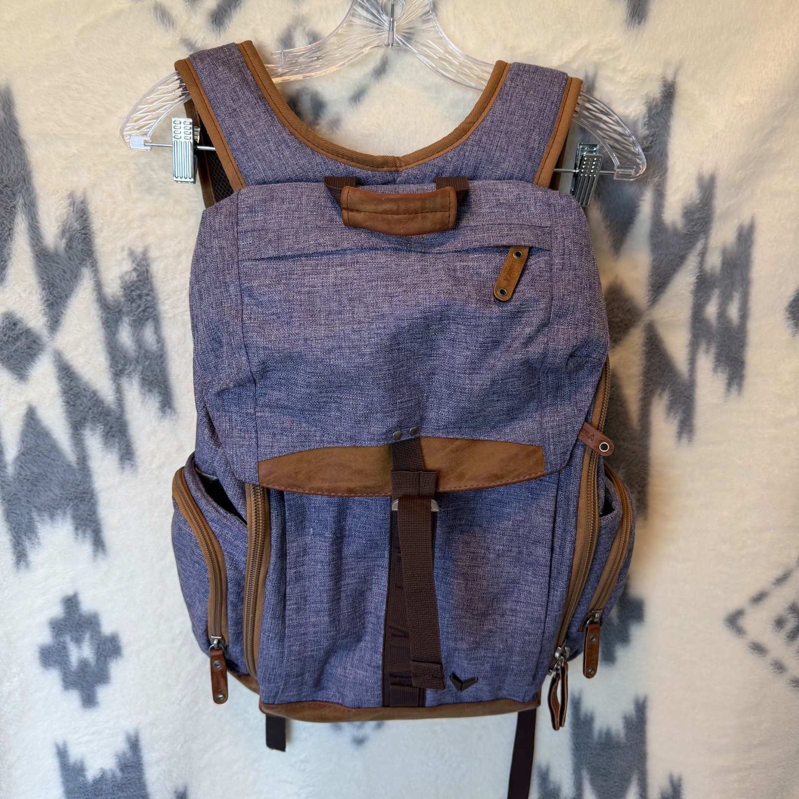 Bondka Jigsaw Backpack Heather Blue Canvas Tan Leather Daypack