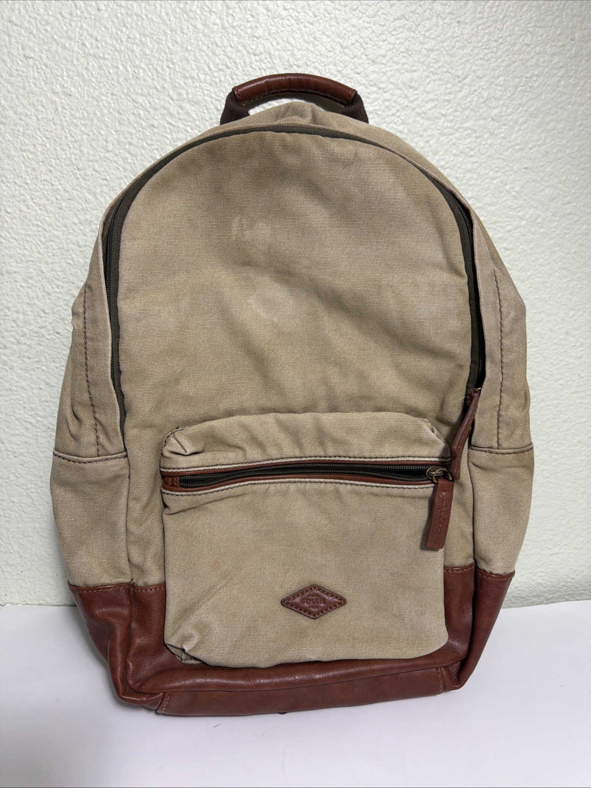Fossil Estate Canvas Leather Backpack Beige Brown Stained 16x10x5