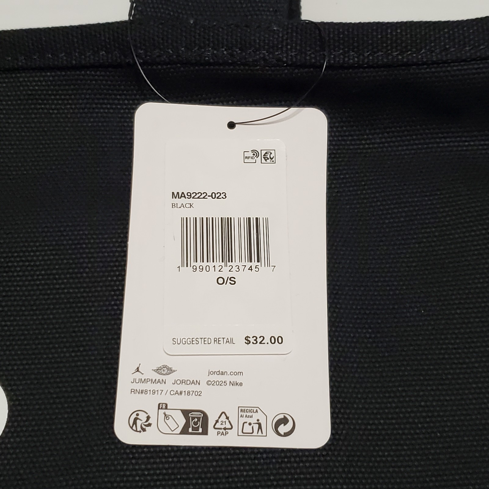 Jordan Logo Graphic Print Tote Bag Black Open Top Double Handles MA9222-023
