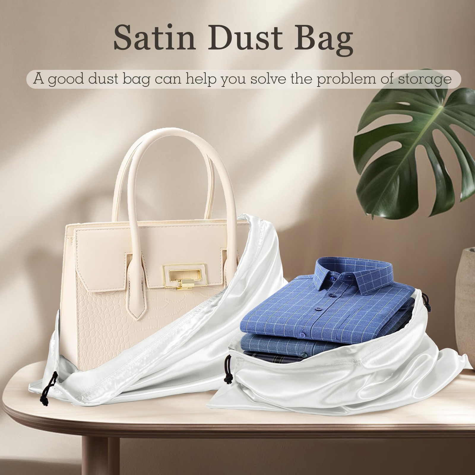 White Satin Dust Bags 3 Pack Drawstring Pouch for Purse, 19.6×15.7in