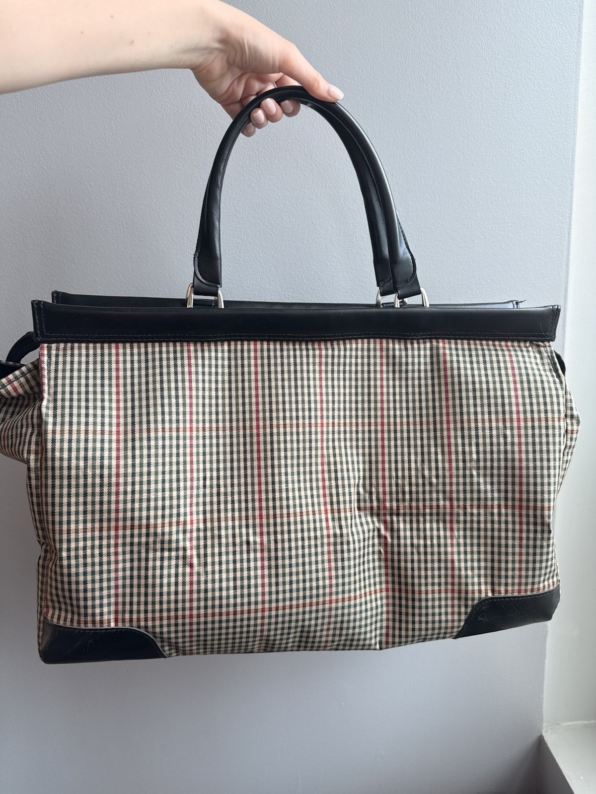 DVF Checkered Vintage Bag, Leather Handles, Zip, Black Beige Red Green