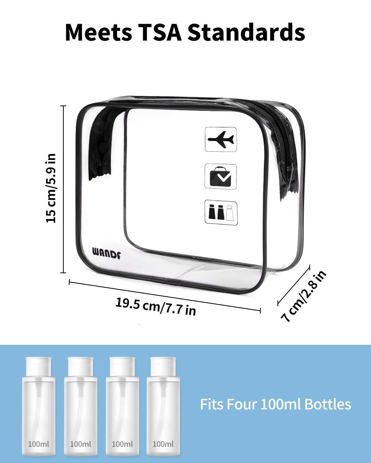 TSA Approved Clear Travel Toiletry Bag wih Zippers Pack of 4, Black 4