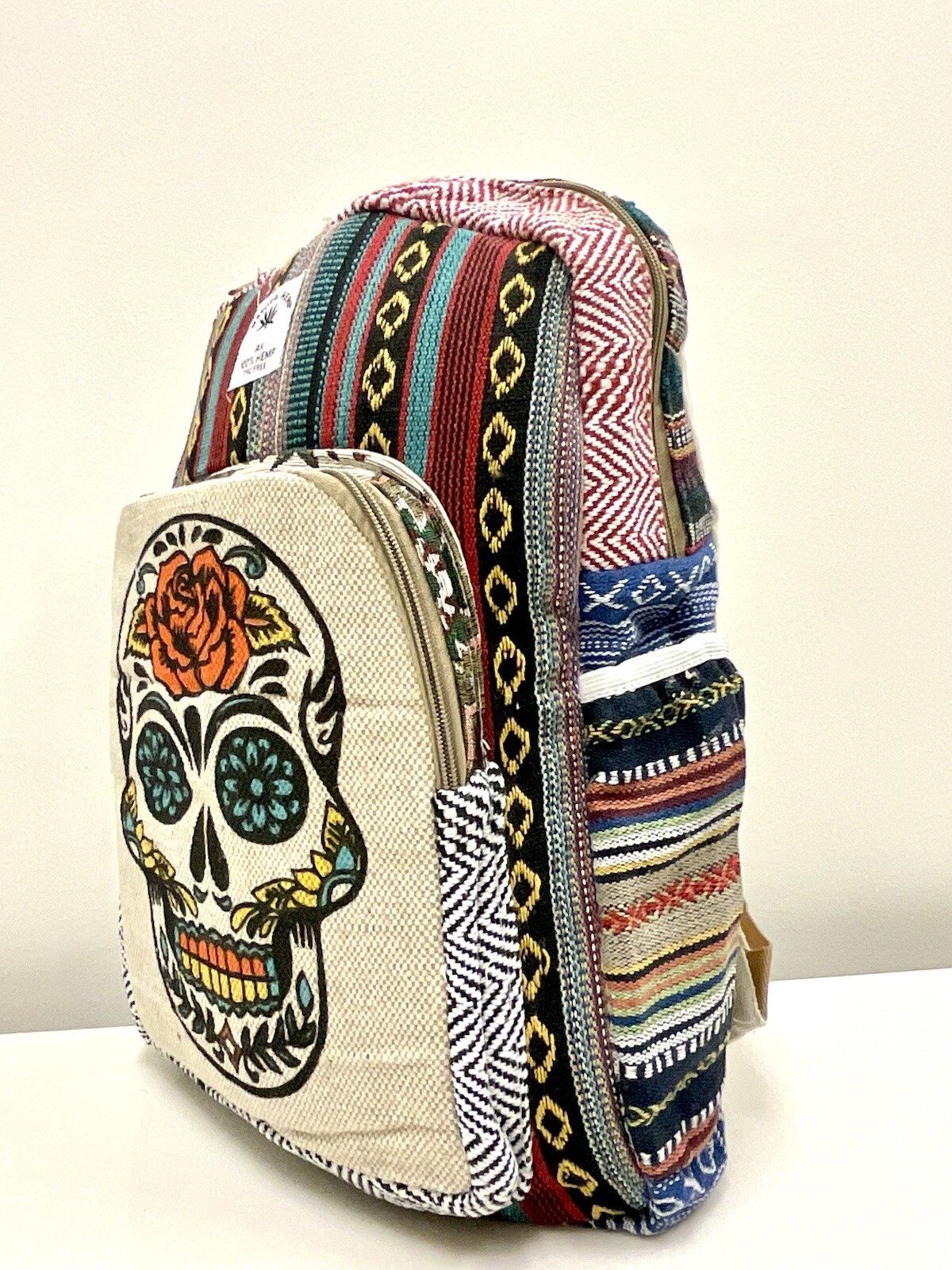 Hemp Backpack (Sugar Skull) With Laptop Pocket Nepal Fair Trade Hiking Boho