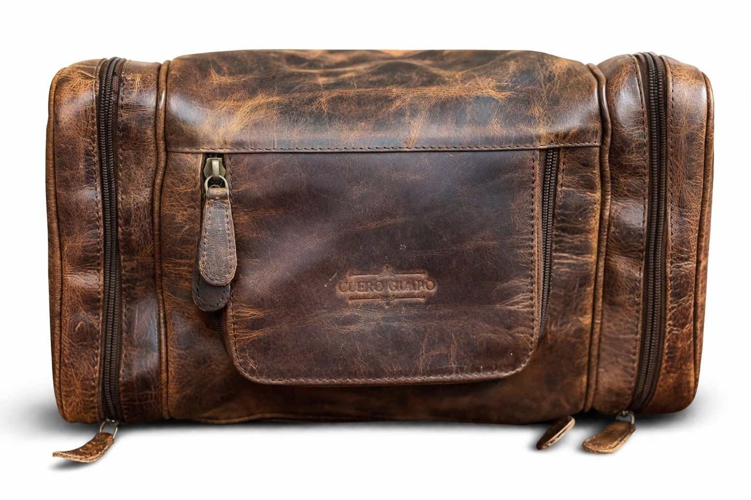 Medium size Grain Leather Dopp Kit Shaving Toiletry Travel Bag Dark Brown