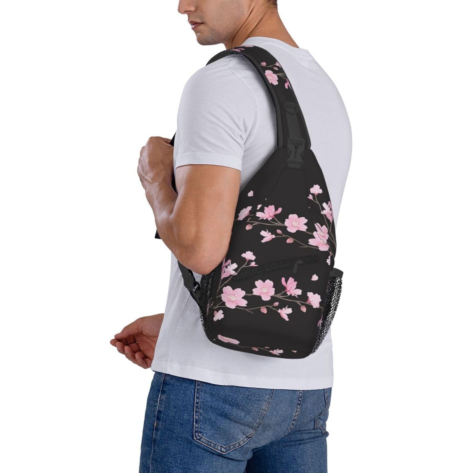 Japanese Pink Cherry Blossom Sling Bag Crossbody Chest Backpack Travel Hiking
