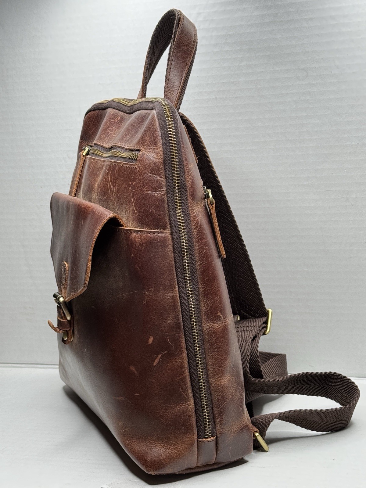 S-ZONE Genuine Buffalo Leather Backpack Purse Dark Brown Travel Laptop Bag 12.9”