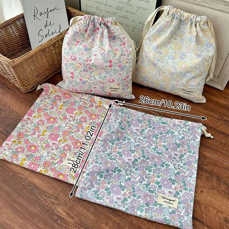Handmade Floral Cotton Drawstring Bag Vintage Storage Pouch Eco Friendly Makeup