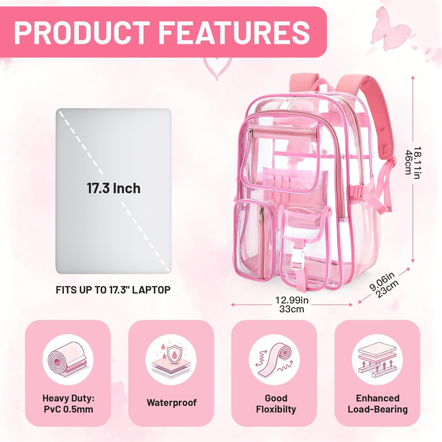 17 Inch Heavy Duty PVC Clear Backpack, Large Multi-Pocket Transparent Bookbag fo