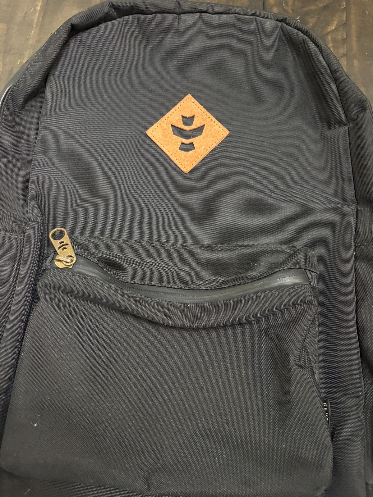 Revelry Water Resistant Black Tan Backpack Zipper needs repair see description