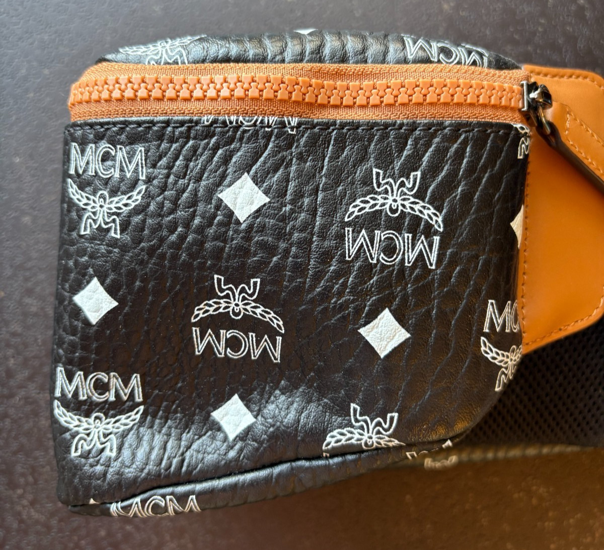 MCM Visetos 3 Pocket Belt Bag Black Cognac Sling Waist Pack Crossbody