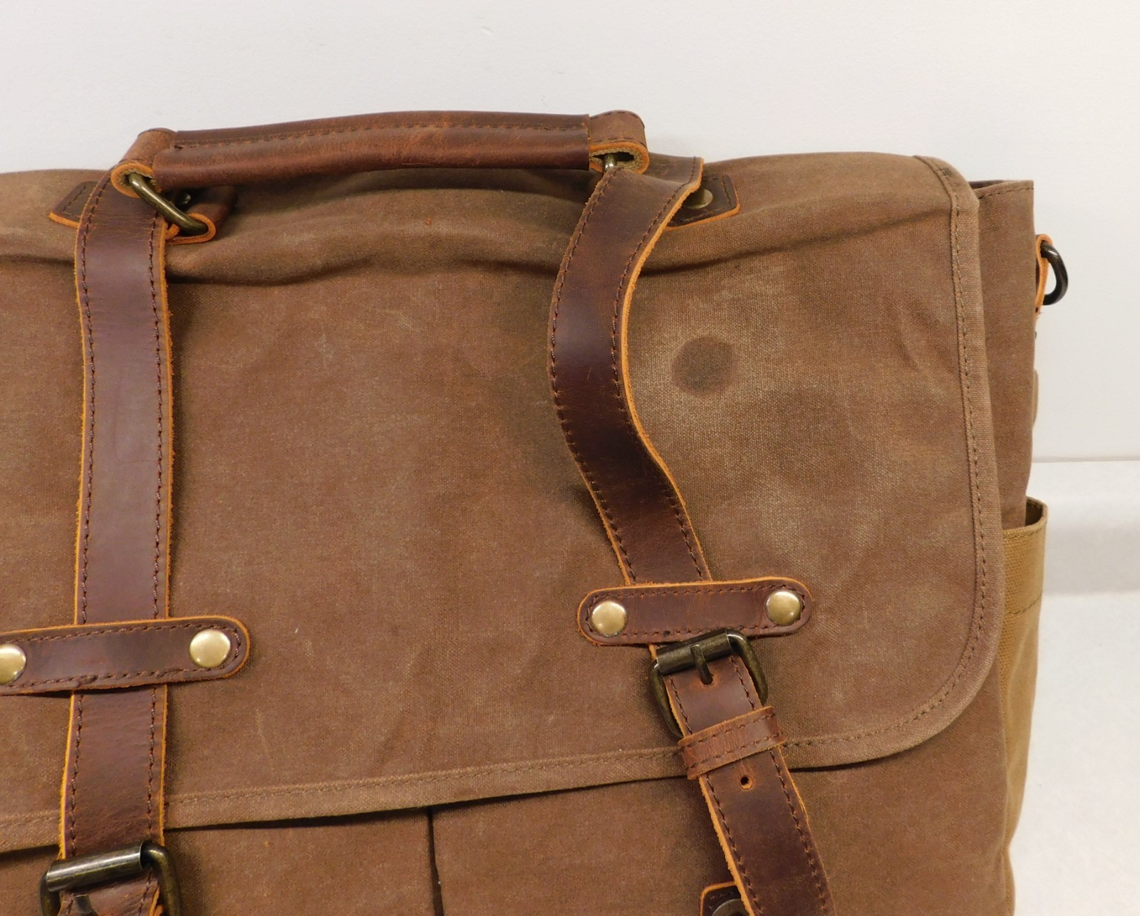 NEWHEY Brown Waxed Canvas Leather Trim Computer Messenger Bag 16×12