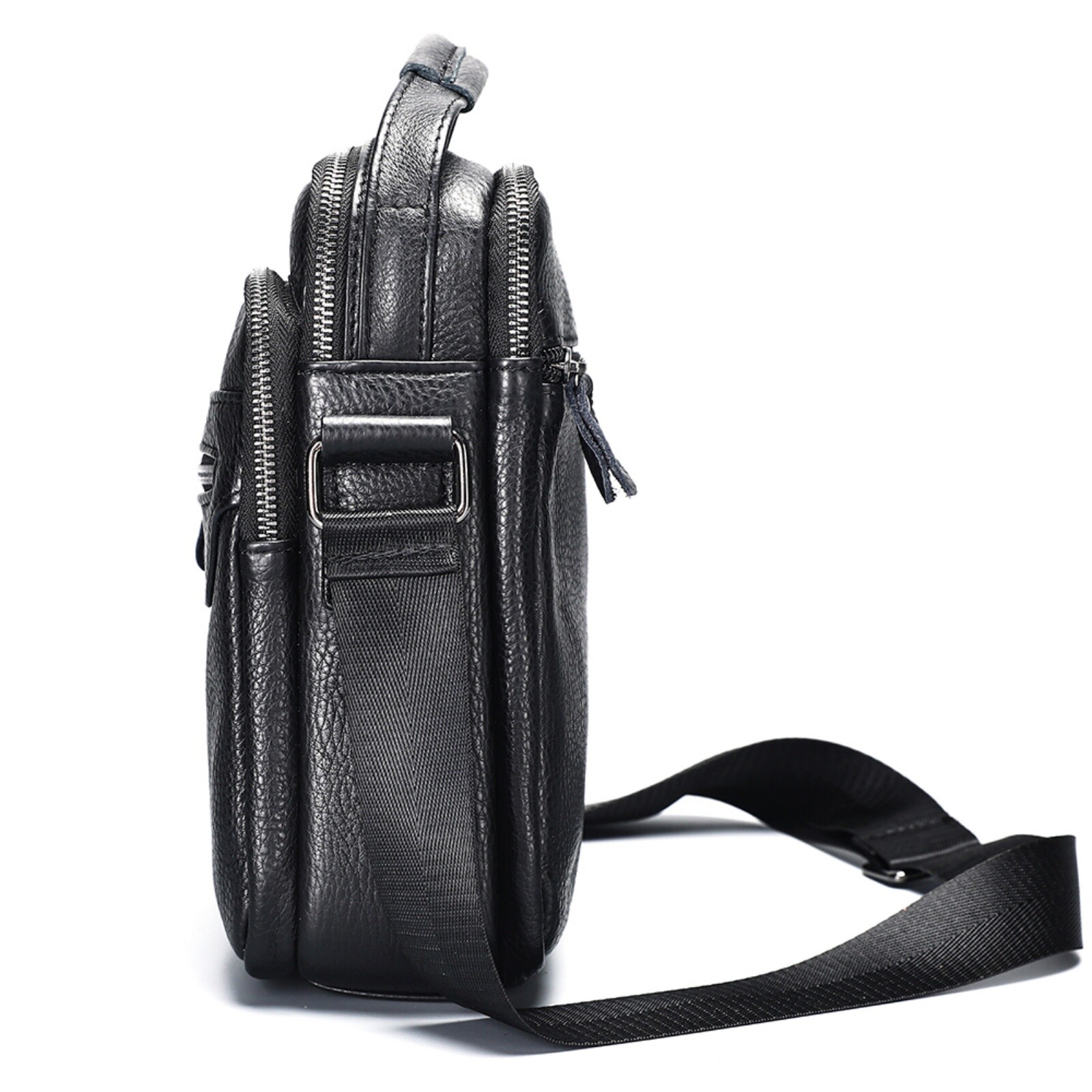 Men’s Genuine Leather Shoulder Bag Crossbody Messenger with Pockets Black