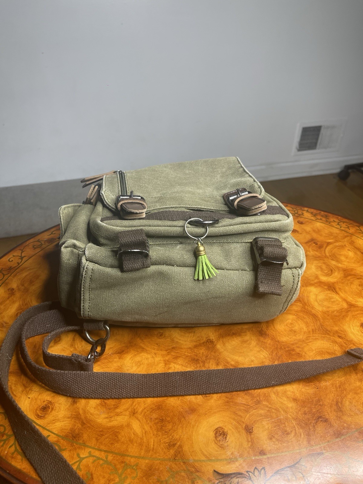 Green/Brown Small Backpack Zip & Buckle Closure Adjustable Strap Pockets Lined