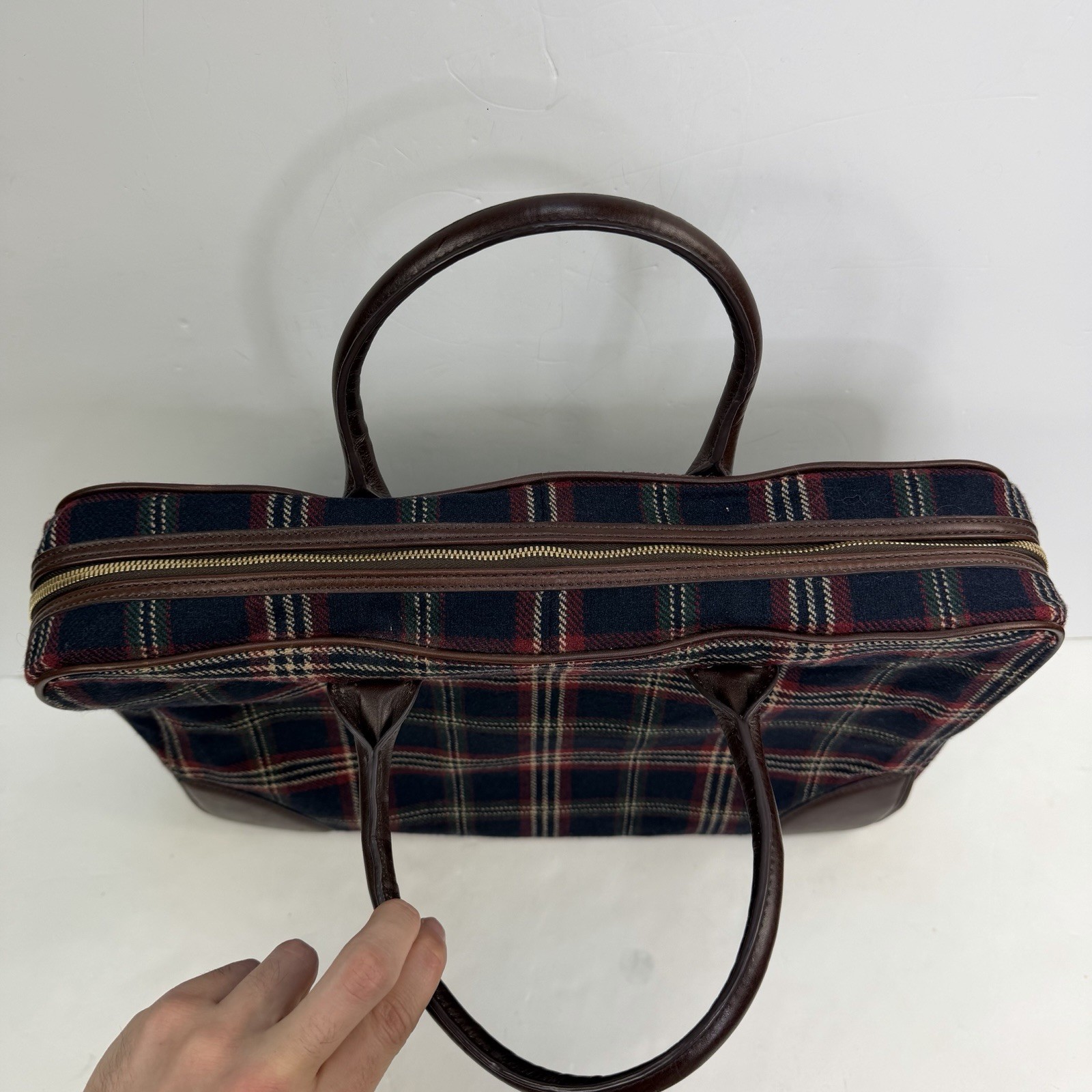 VTG Brooks Brothers Wool & Leather Briefcase Handle Bag Zipper Blue Plaid – 17”