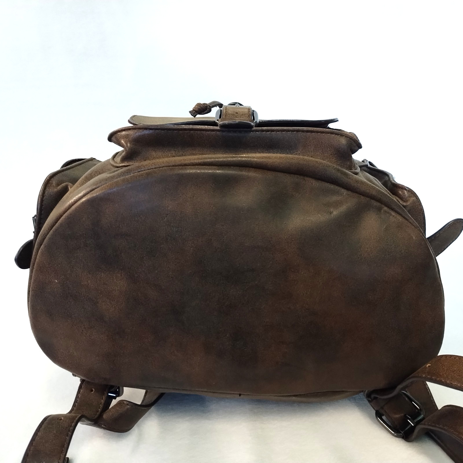 ALDO Brown Faux Leather Bucket Drawstring Backpack Buckle Top Sides GUC