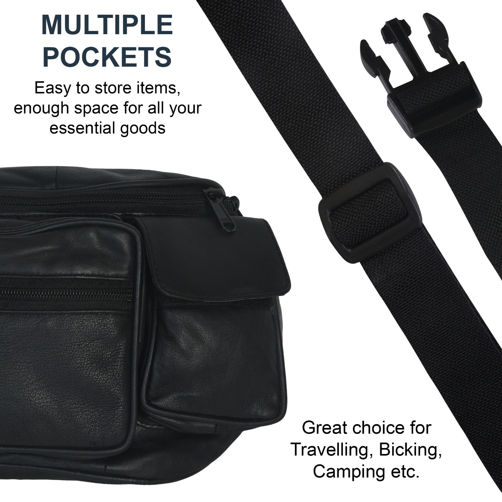 Large Black Solid Leather Waist Fanny Pack Belt Bag Travel Hip Purse Mens Women