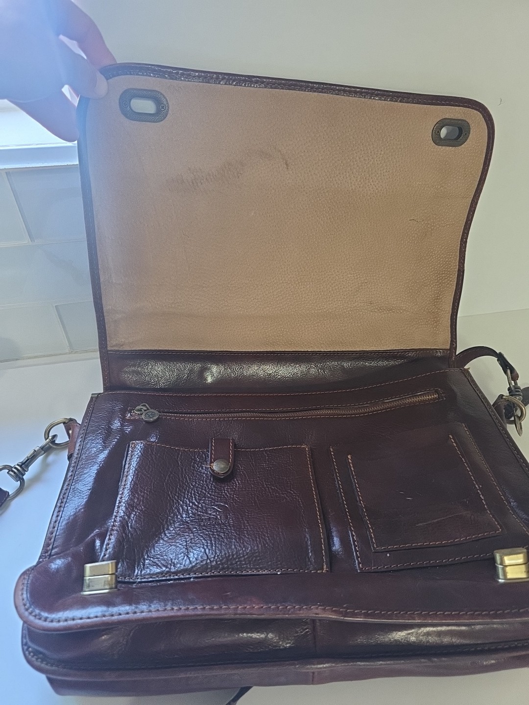 Prodotto Artigianale Vera Pelle Brown Leather Shoulder Messenger Bag Made Italy
