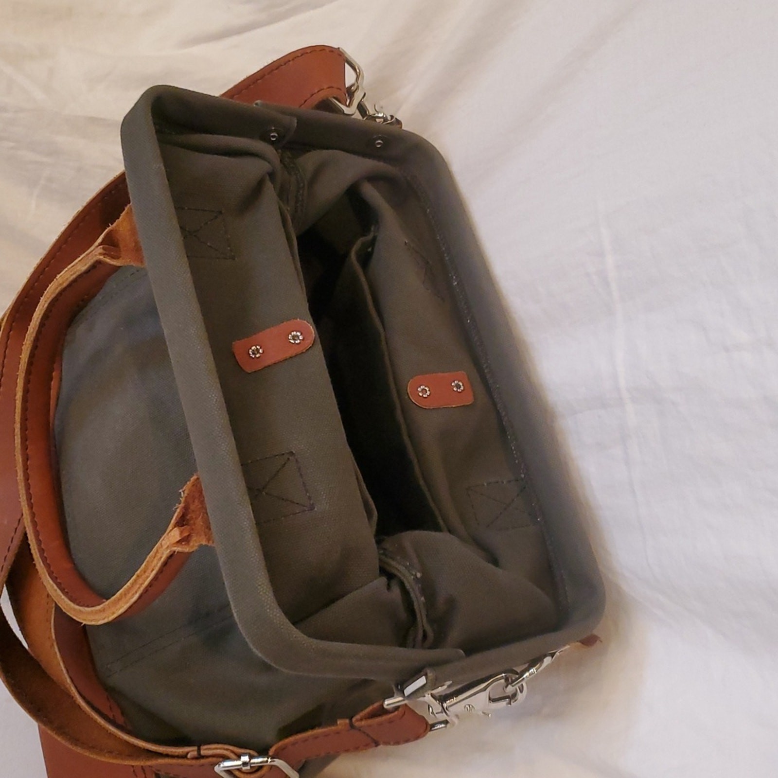 Heavy Canvas Olive & Brown Leather Carry All Bag WWII Style Bag Clamshell Closur