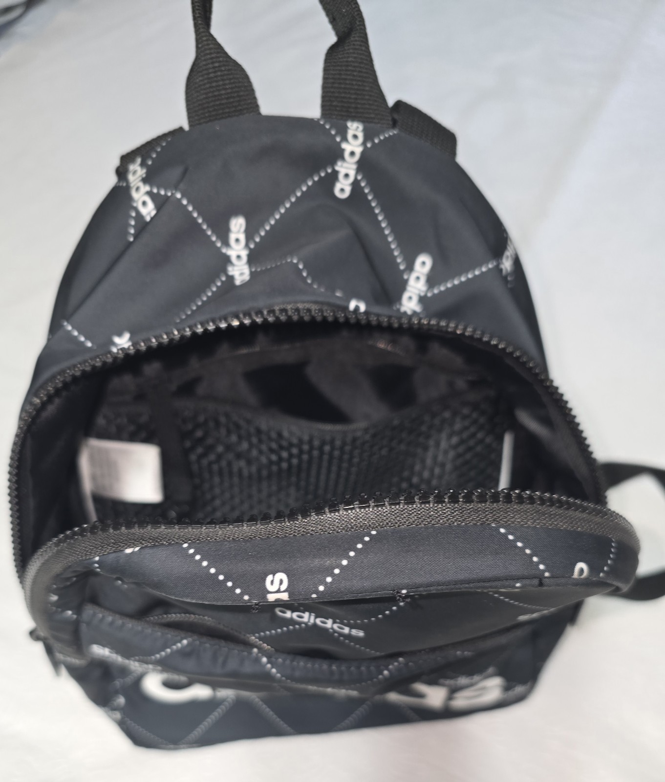 adidas Mini Backpack Black/White Allover Logo Print Zip Closure Inner Pockets
