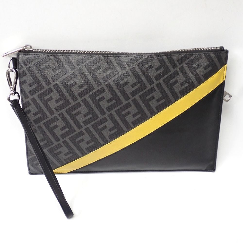 FENDI FF Logo Monogram yellow stripe Leather Clutch Bag Men Pouch 7N0110-A9XS