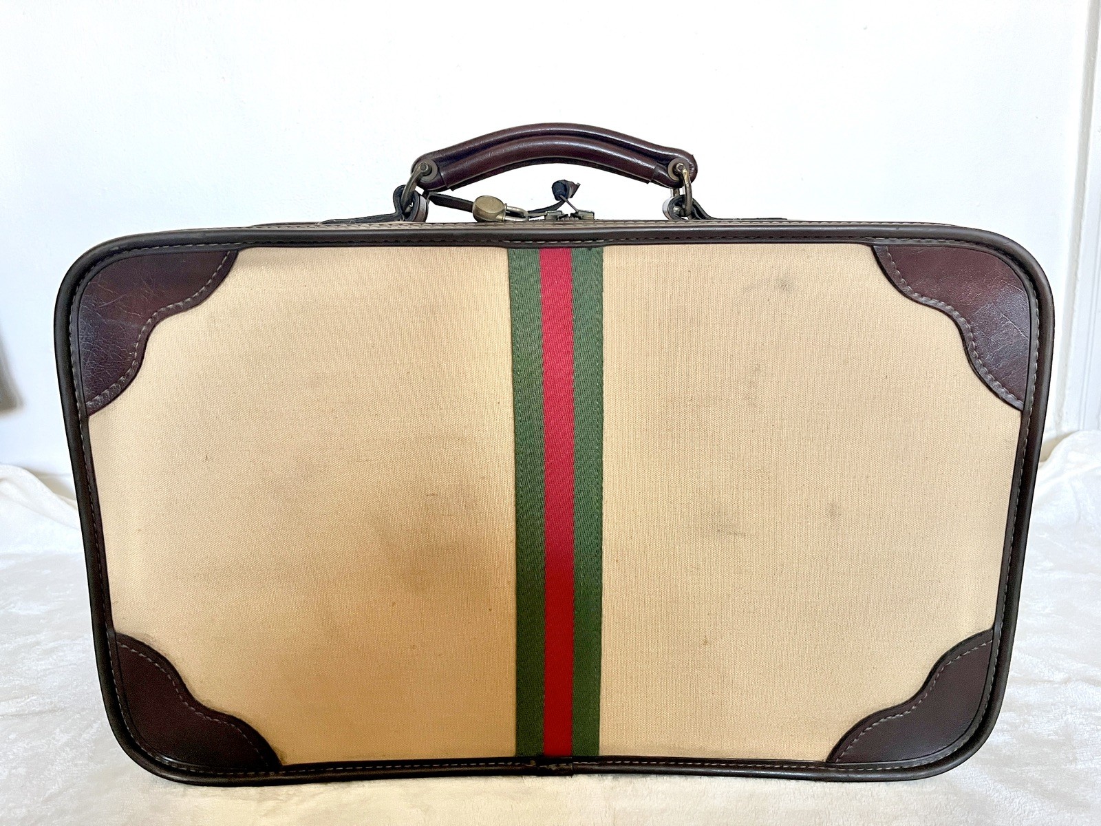 Vintage Designer Luggage Travel Suitcase Brown Leather Canvas Green Red Stripe