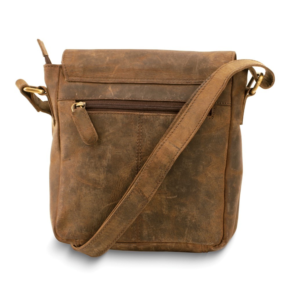 Distressed Brown Leather Magnetic Buckle Flap Over Zip-Top Crossbody Bag with…