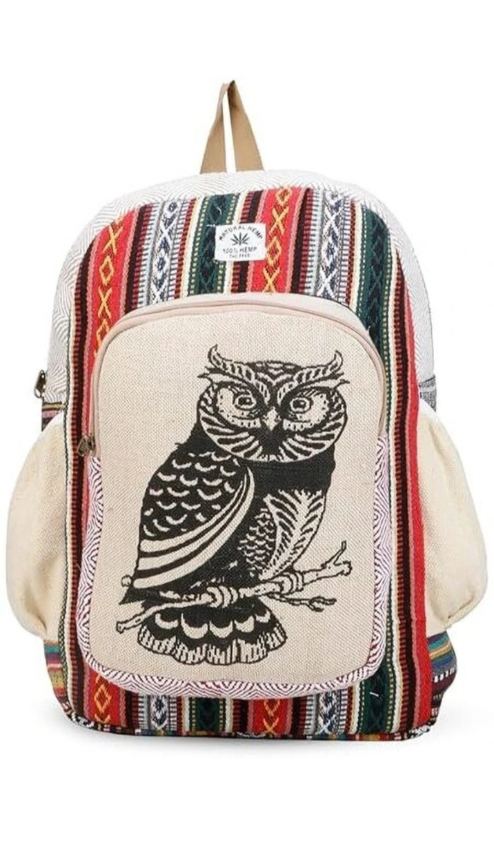 Handmade Boho Owl Print Backpack – Hemp Cotton Hippie Travel Bag