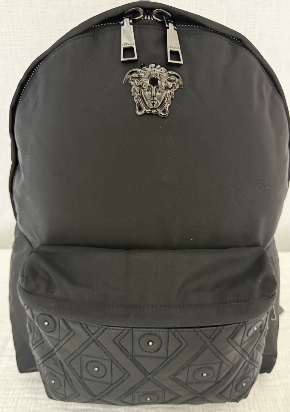 Versace Black-On-Black Nylon Backpack – Leather Front Panel w/ Stud Detail