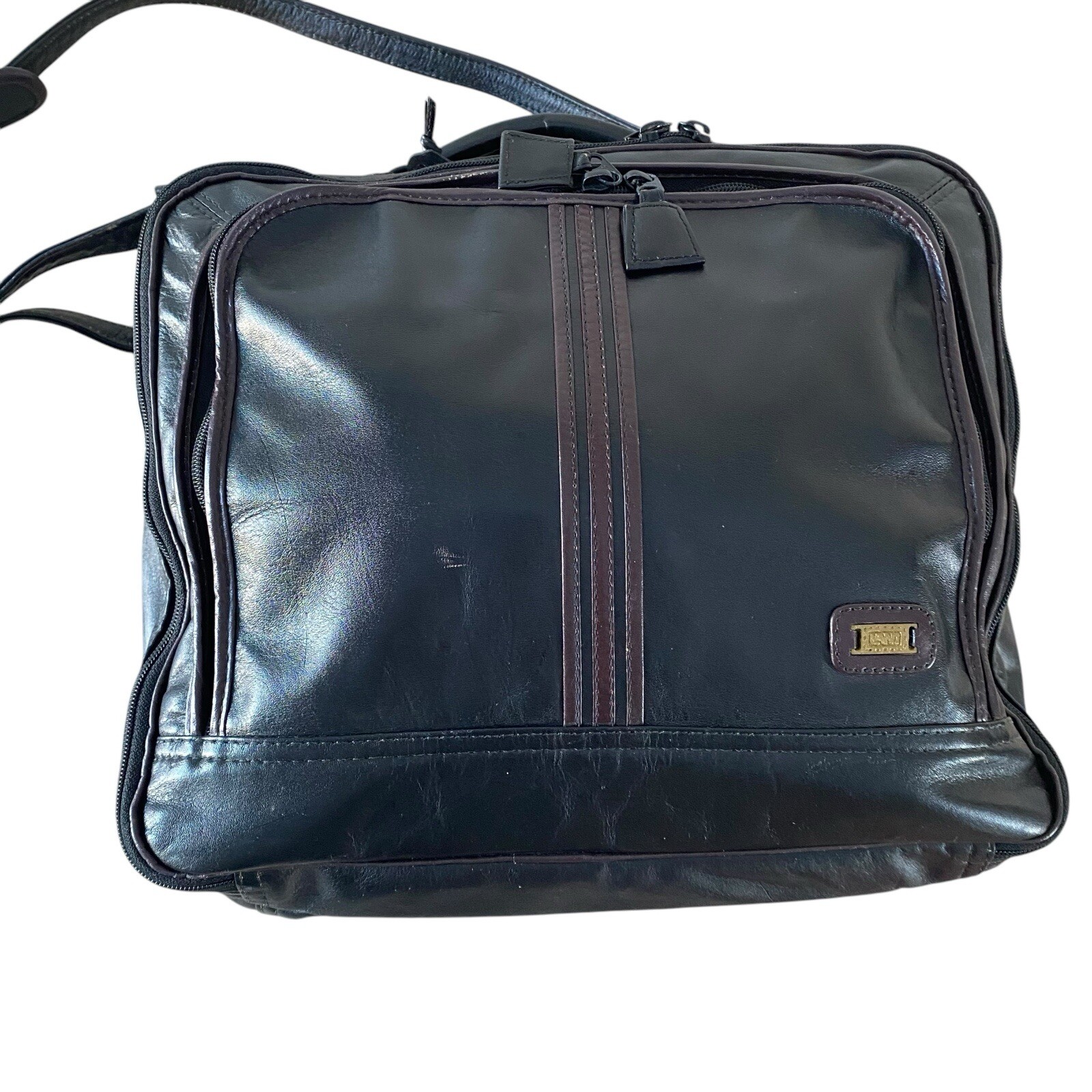 Land VTG Leather Bag Black Travel Business Carry On Shoulder Strap Zip Around