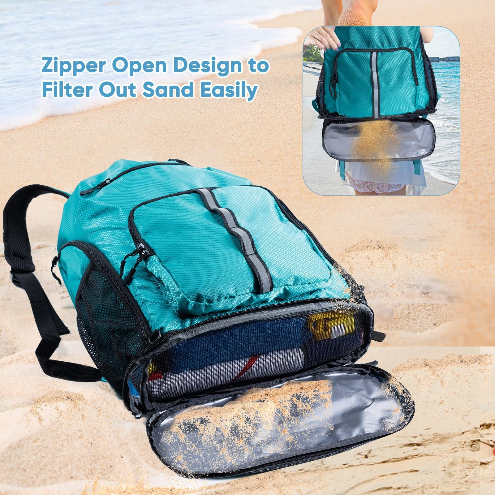 Large Beach Backpack Waterproof Sandproof Drawstring Shoe Compartment Trip