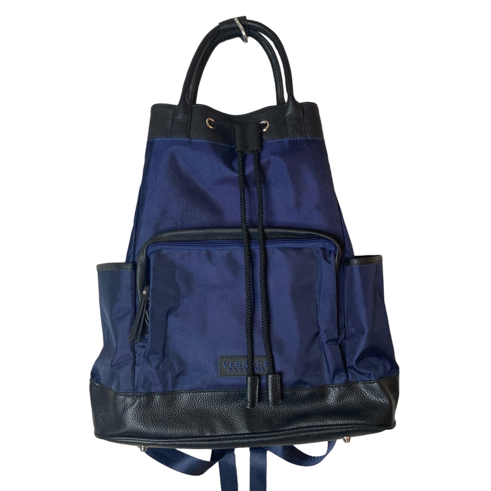 Versace Parfums Mens Back Pack Blue Nylon Leather New COA 16.5×16