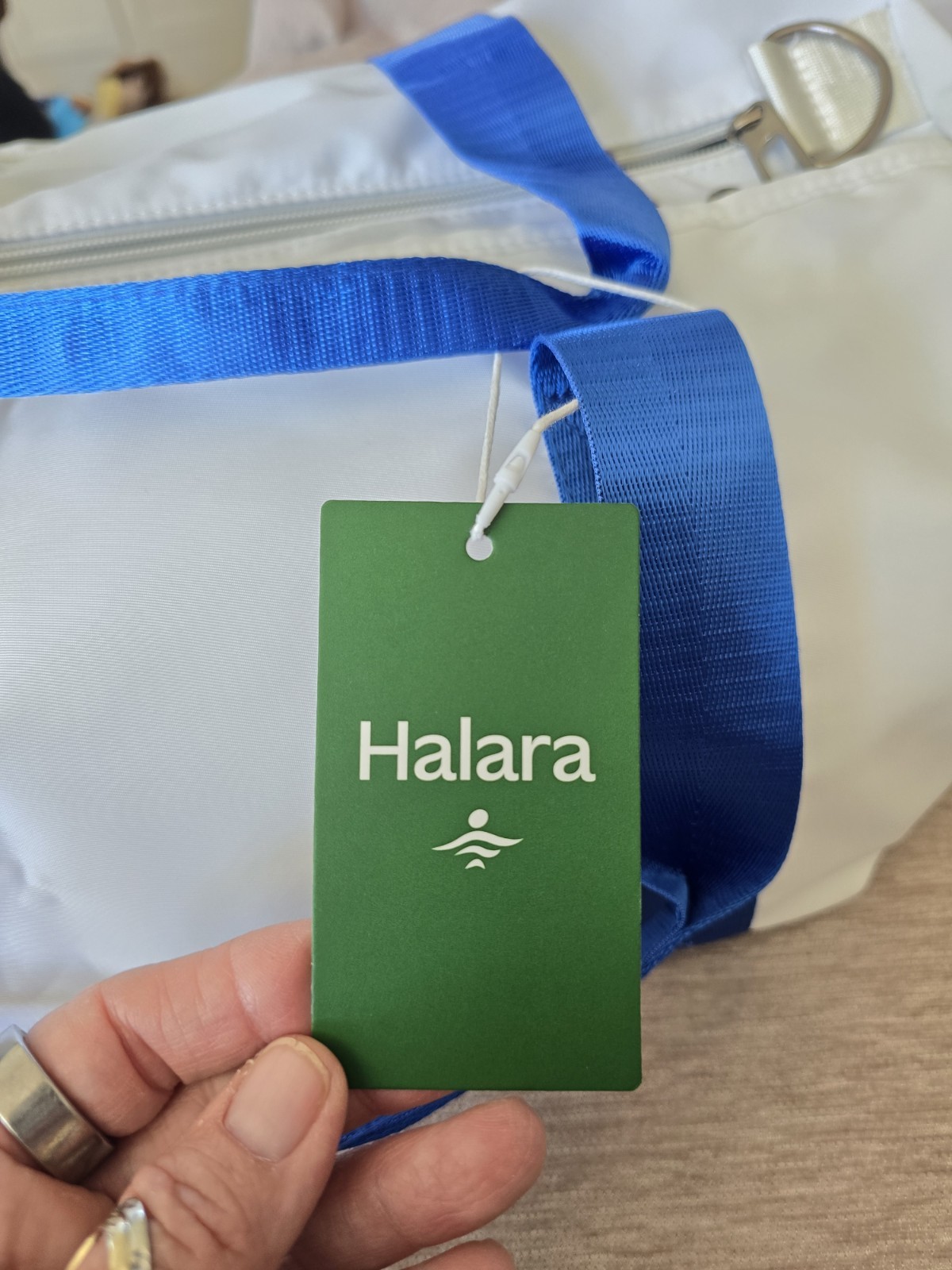 Halara white Duffle Travel bag new with tags w/shoulder strap. white & blue