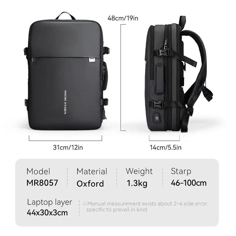 MARK RYDEN Large Travel Backpack Men Multi-functional 39L Expandable Airline