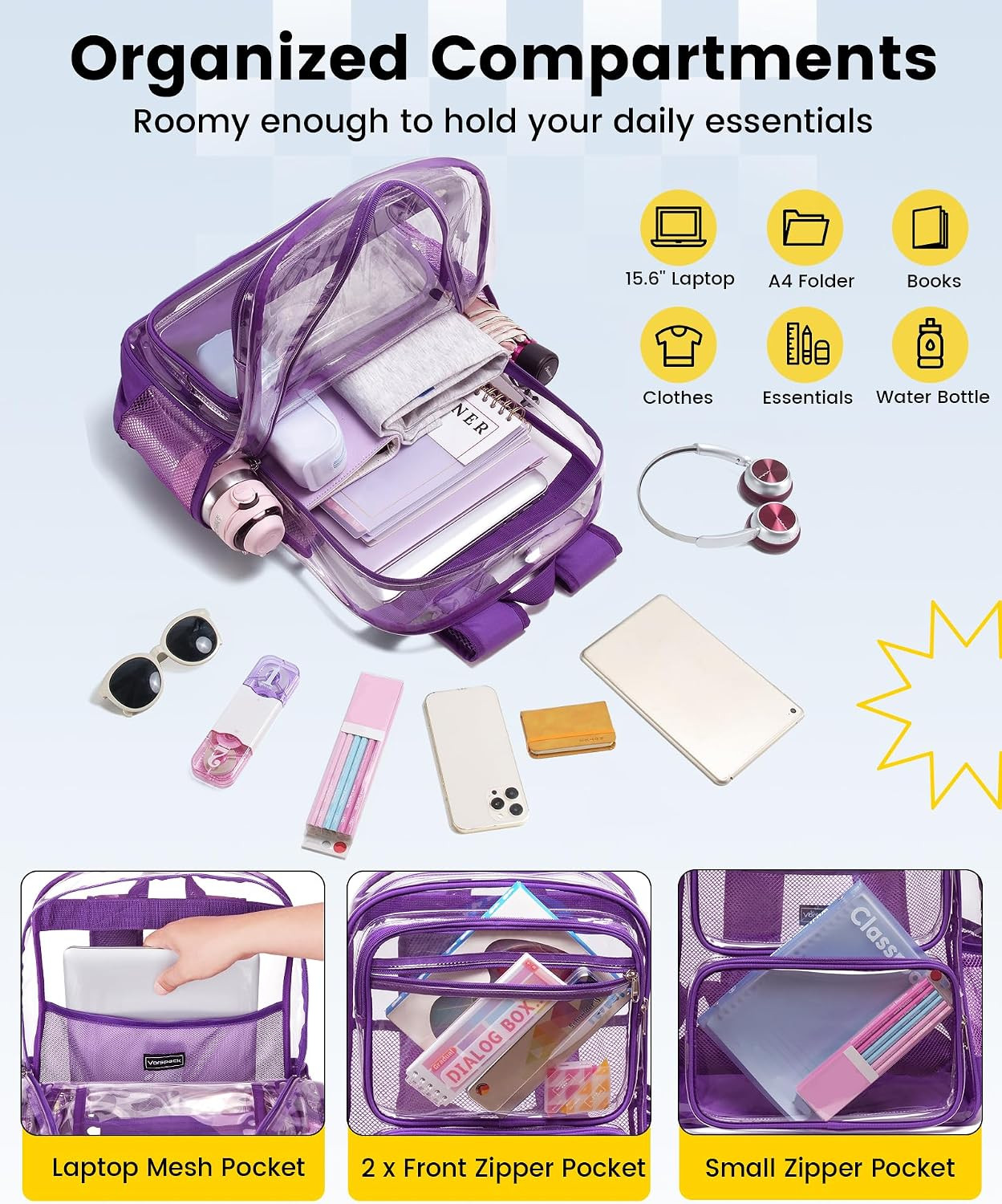 Clear Backpack with TSA Lock, Large Clear Bookbag, Purple | Heavy Duty See throu