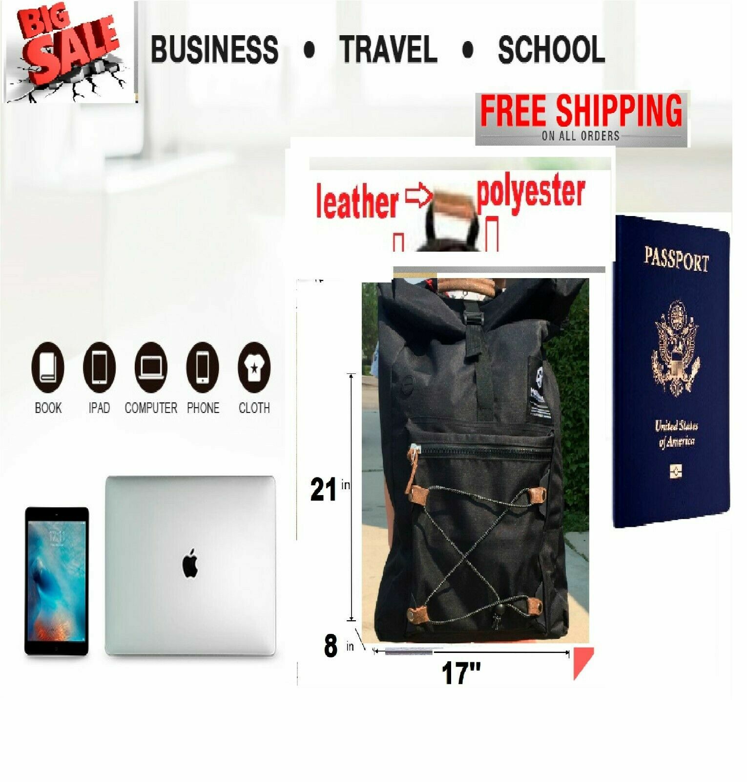Clearance Sale 25L BLACK backpack High School Travel Laptop Rucksack Zipper Bag