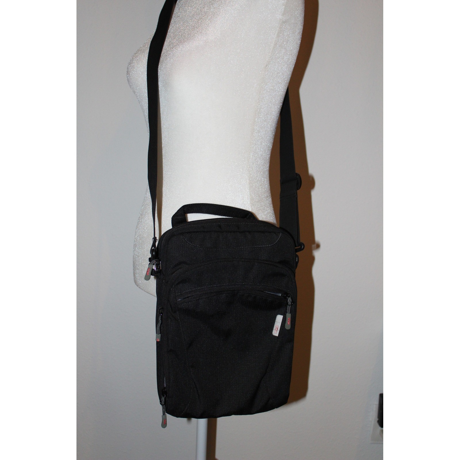 STM Black Nylon Vertical Messenger Crossbody Tablet Tech Bag Organizer Utility