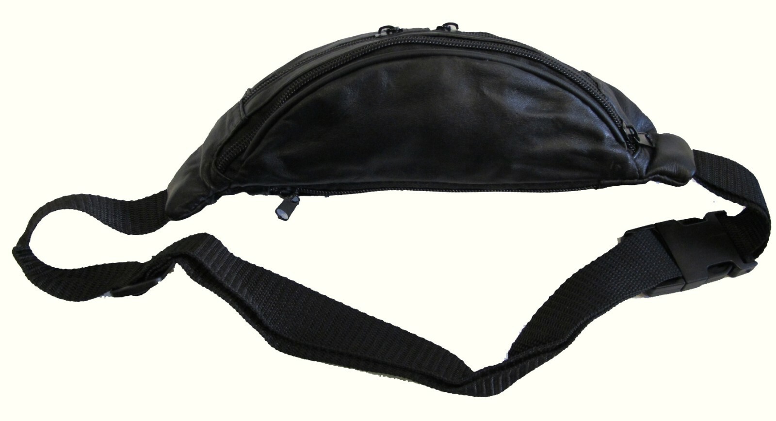 Small 4 Zipper Pocket Soft Lamb Leather Fanny Pack 48″ Long Waist Bum Bag -BLACK