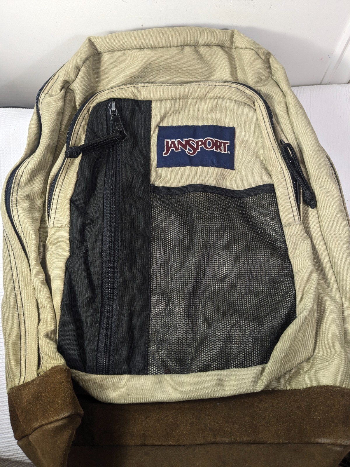Vintage Jansport backpack suede leather bottom tan brow black mesh front Mexico