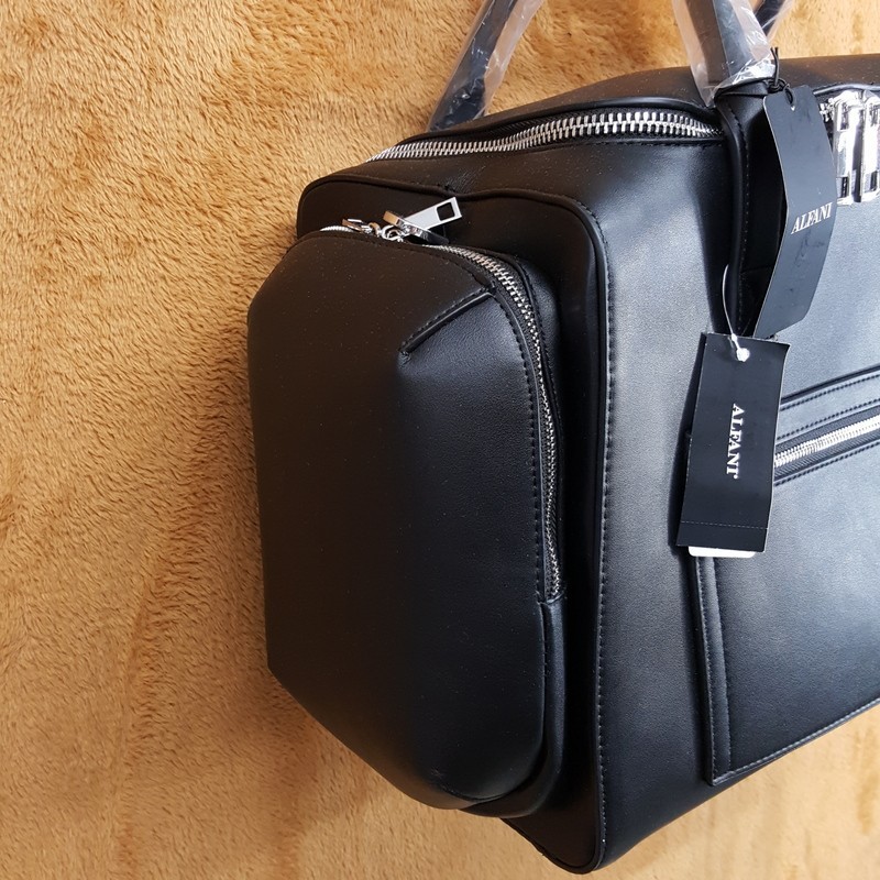 Alfani Mens Black Faux Leather Duffle Bag Travel Weekender Carry-On Gym Bag