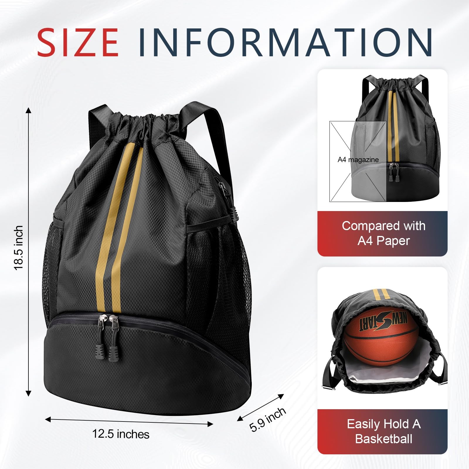 Drawstring Backpack 12.5×18.5in Water-Resistant Gym Bag for Soccer, Swim