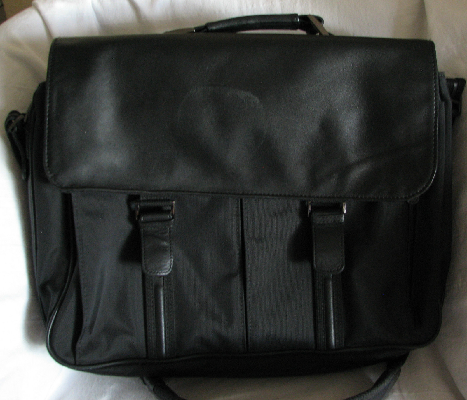 LODIS Men’s Black Leather & Nylon Laptop Briefbag Messenger Commuter Bag-NICE